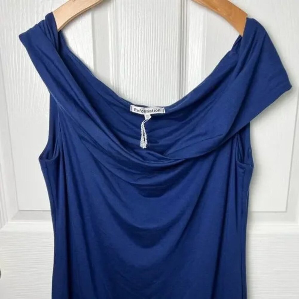 Reformation Blue Off The Shoulder Stretch Jamen Knit Midi Dress M Danube - Picture 3 of 7